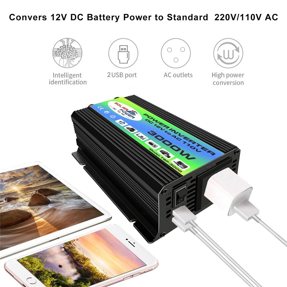Tang I Generation 12V to 110V 3000W Power Inverter Intelligent Car Inverter with Dual USB for Camping, Traveling - Black-9