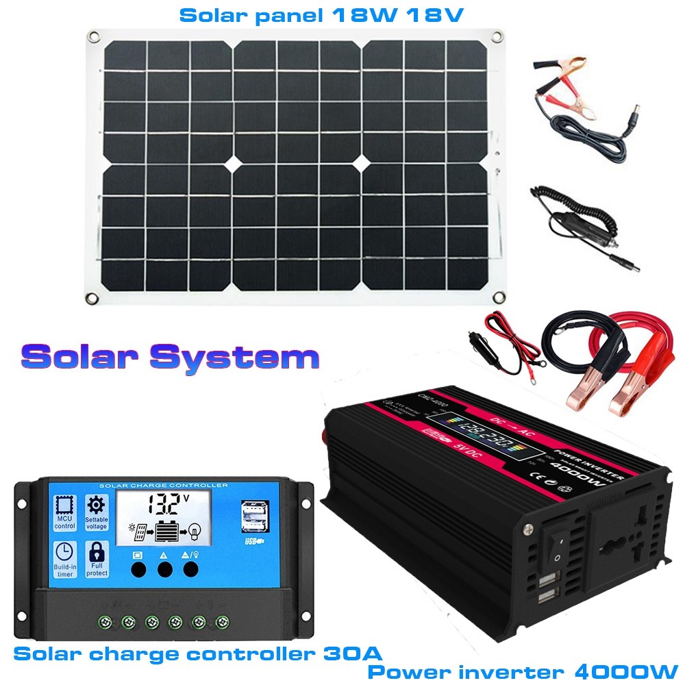 300W Smart Inverter with LED Display Outdoor Car Inverter + Photovoltaic System 18W 18V Solar Panel + 30A Solar Controller - 12V to 110V / Black-2
