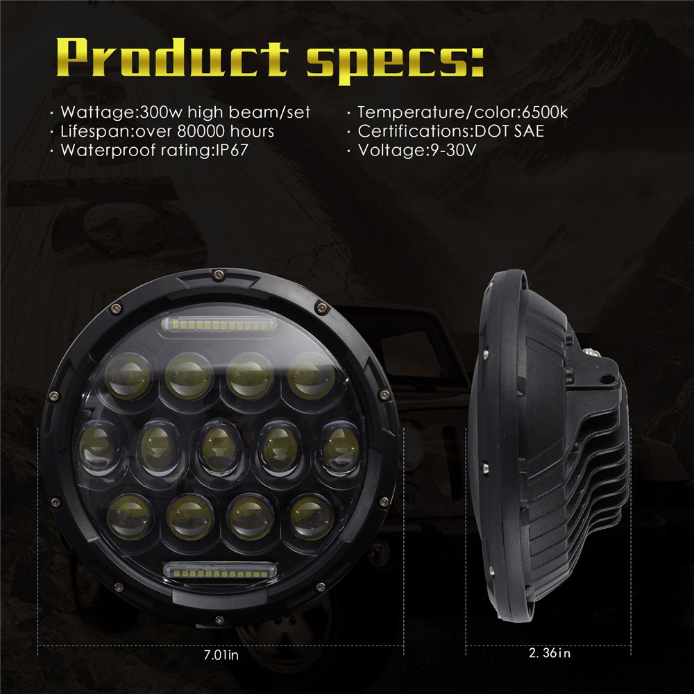 EAGLEVISION C0045 7inch 13-LED Waterproof DRL Light High Low Beam Car Truck Round Headlight for Jeep Wrangler-9
