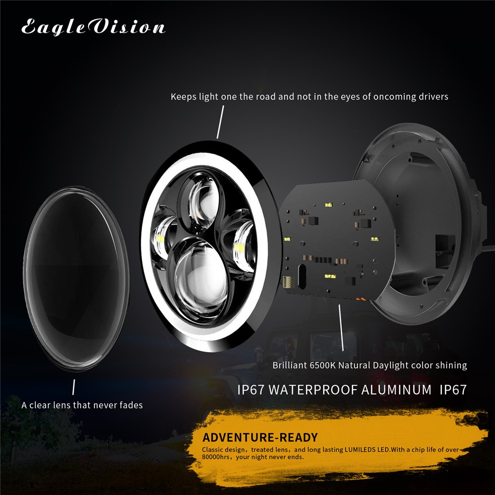 EAGLEVISION C0044 7inch Waterproof Angle Eyes Light High Low Beam Car Truck Round Headlight for Jeep Wrangler-4