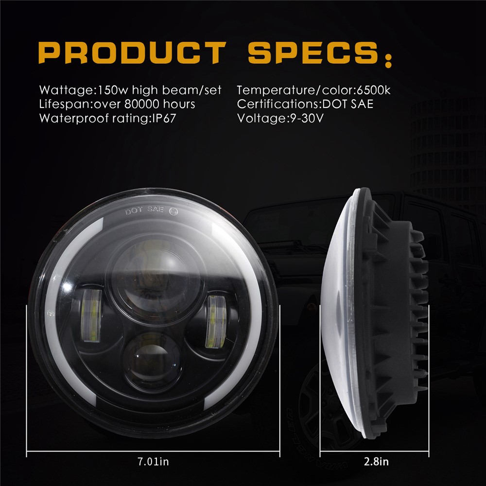 EAGLEVISION C0044 7inch Waterproof Angle Eyes Light High Low Beam Car Truck Round Headlight for Jeep Wrangler-5