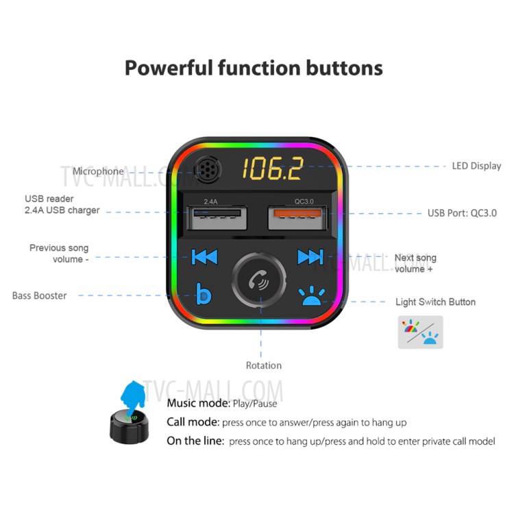 BT22 Colorful Light Dual USB Voltage Detection Car Bluetooth MP3 FM Transmitter QC3.0 Fast Charging Phone Charger-8