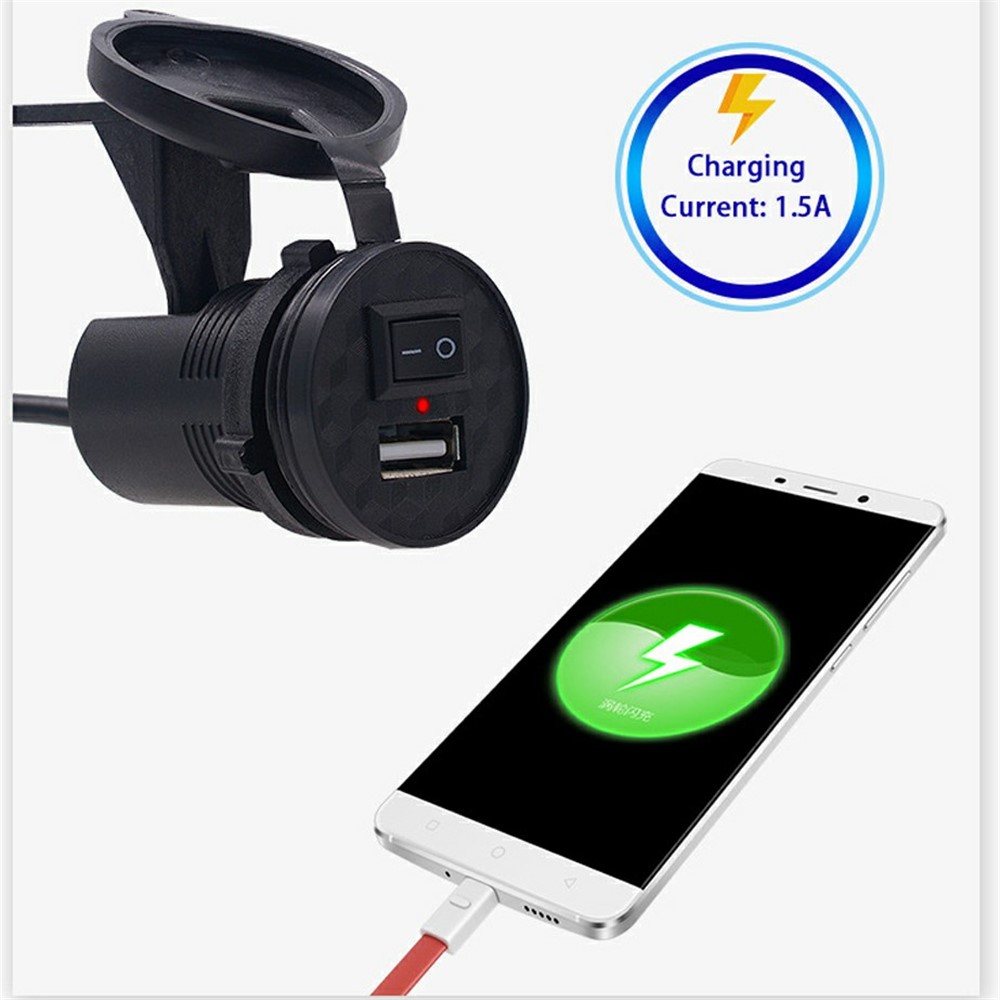 WUPP CS-836B1 12V Motorcycle Mobile Phone Single USB Power Supply Charger Waterproof Port Socket with Switch-2