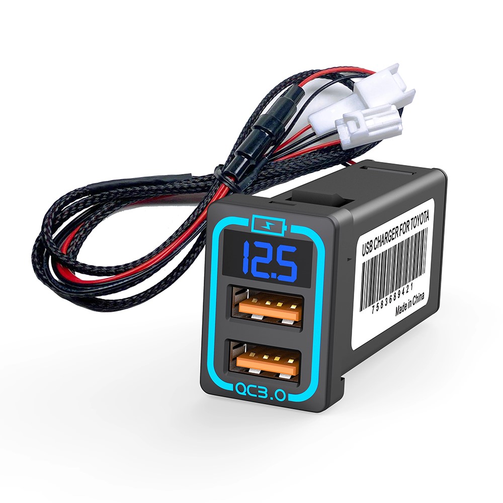 USB QC3.0 Dual Port Blue LED Light Voltage Display Car Charger Socket Fast Charging Adapter for Toyota (Cigarette Lighter Wiring Connection)-1