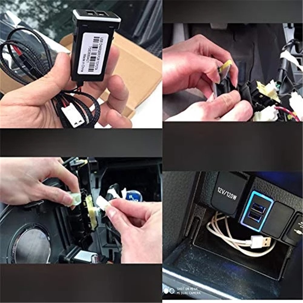 QC3.0 Dual USB Port Blue LED Light Car Charger Socket Adapter Phone Charging Modification Accessory for Toyota (Cigarette Lighter Wiring Connection)-6