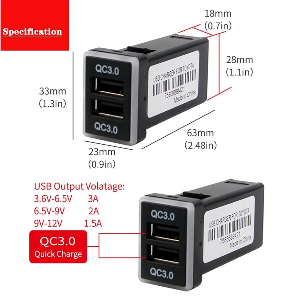 QC3.0 Dual USB Port Blue LED Light Car Charger Socket Adapter Phone Charging Modification Accessory for Toyota (Cigarette Lighter Wiring Connection)-7