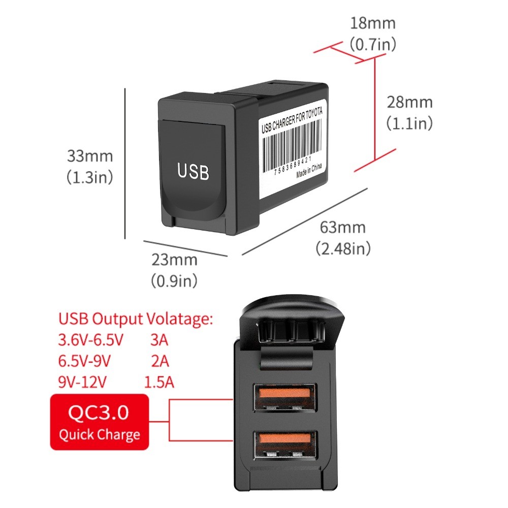 QC3.0 Dual USB Port Car Charger Socket Adapter with Lid Fast Charging Modification Accessory for Toyota (Cigarette Lighter Wiring Connection)-3