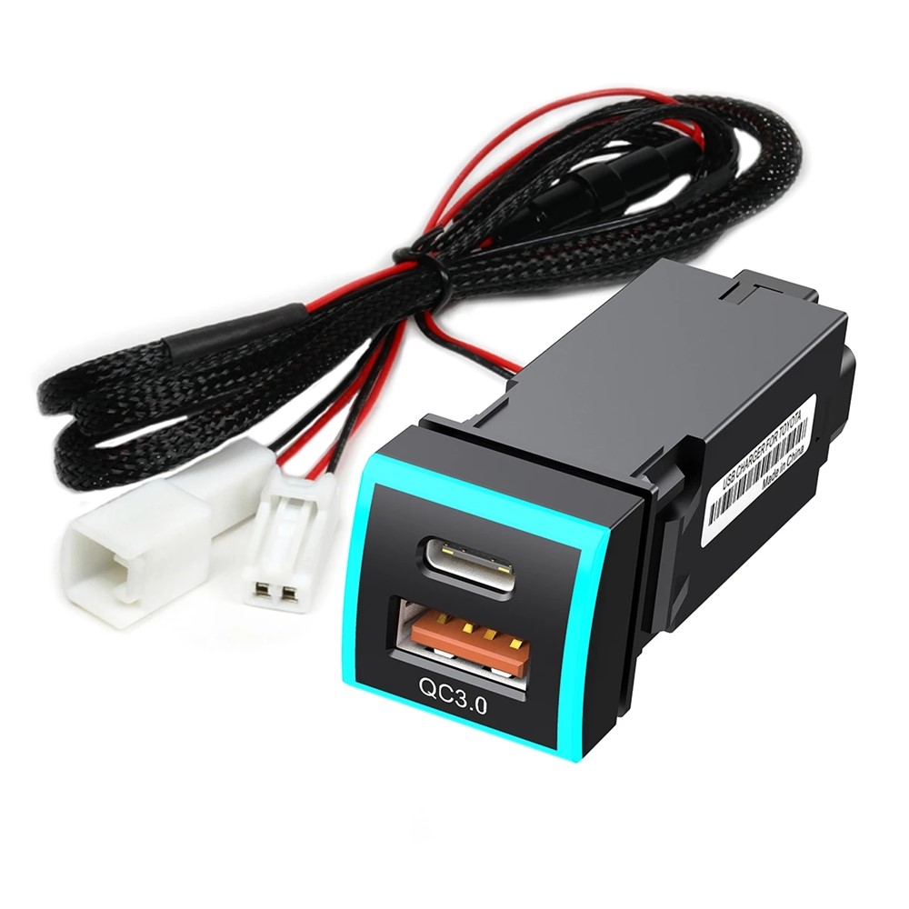 22x22mm Type-C USB QC3.0 LED Light Car Charger Socket Fast Charging Vehicle Modification Accessory for Toyota Corolla Camry (Cigarette Lighter Wiring Connection)-1