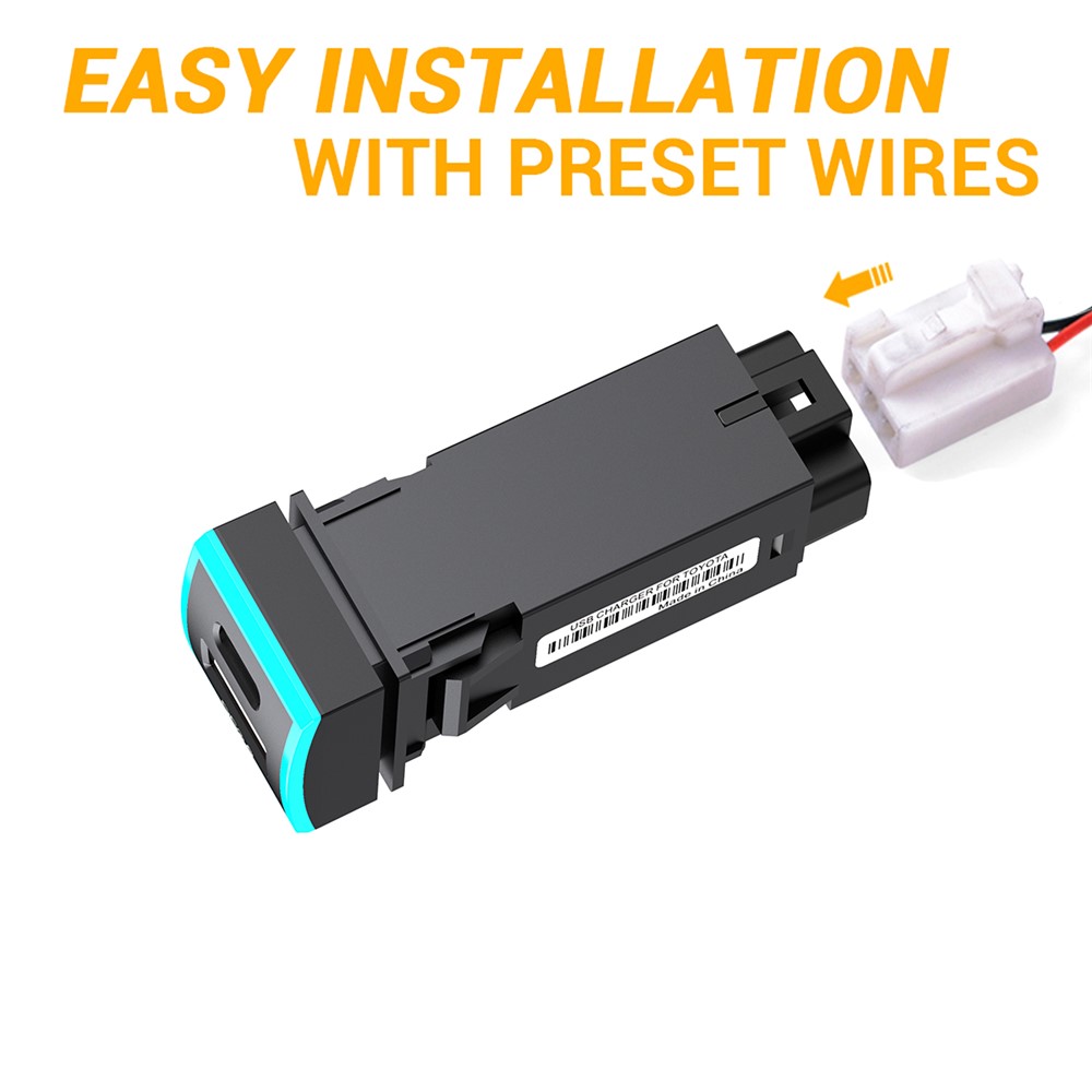 22x22mm Type-C USB QC3.0 LED Light Car Charger Socket Fast Charging Vehicle Modification Accessory for Toyota Corolla Camry (Cigarette Lighter Wiring Connection)-2
