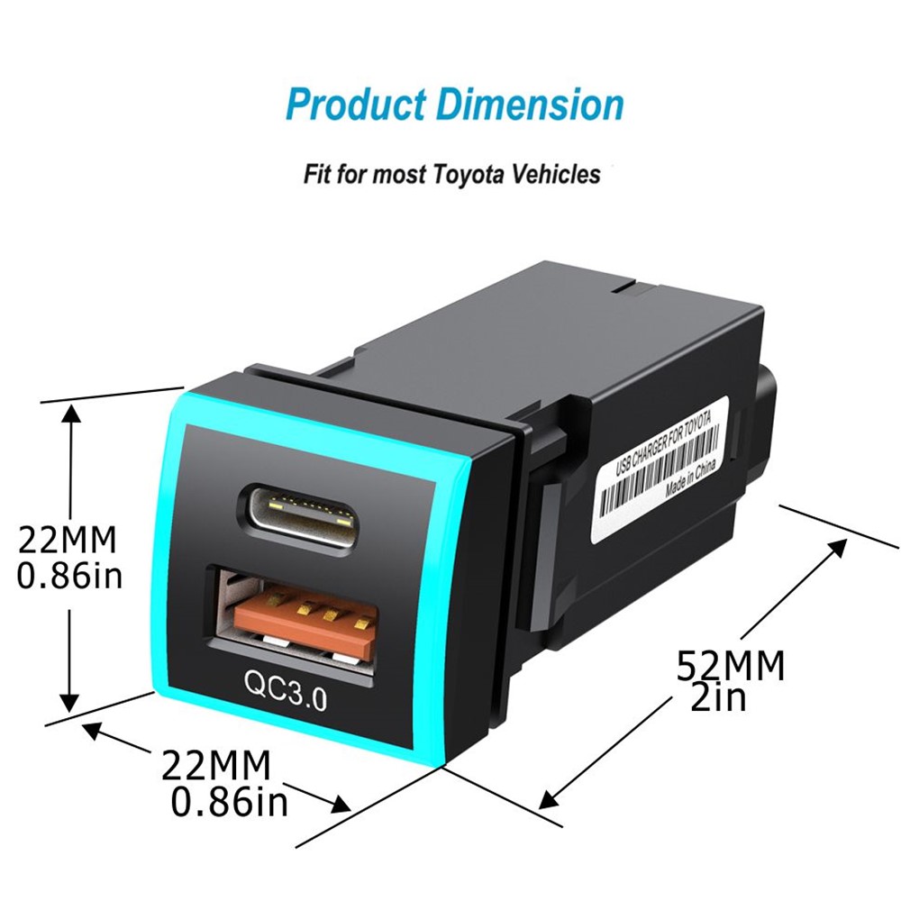 22x22mm Type-C USB QC3.0 LED Light Car Charger Socket Fast Charging Vehicle Modification Accessory for Toyota Corolla Camry (Cigarette Lighter Wiring Connection)-3