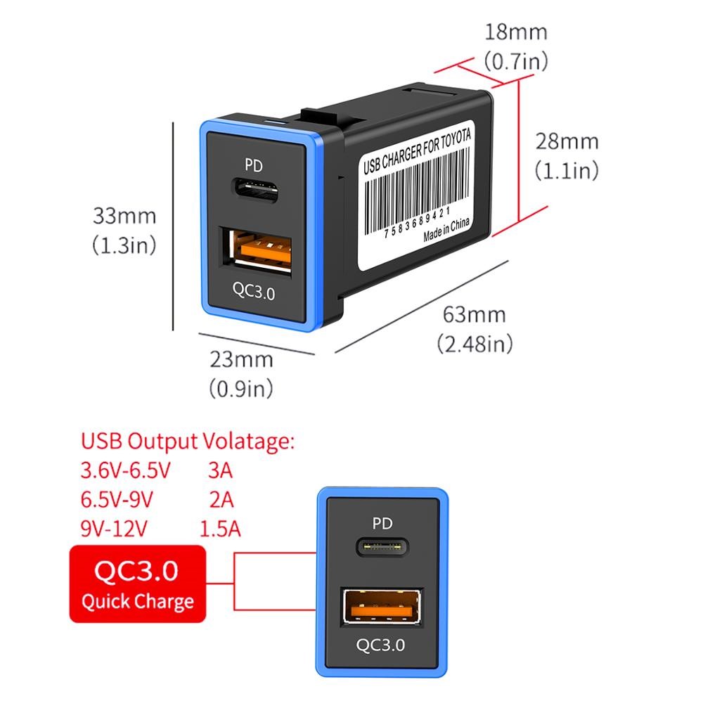 Type-C PD USB QC3.0 Dual Port LED Light Car Charger Socket Fast Charging Modification Accessory for Toyota (Cigarette Lighter Wiring Connection)-2