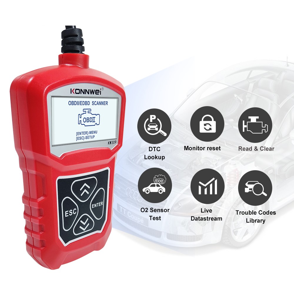 Konnwei KW309 Herramienta de Diagnóstico Automotriz OBD2 Lector de Código Autoscanner Eobd Scan Machine OBDII Scanner - Rojo