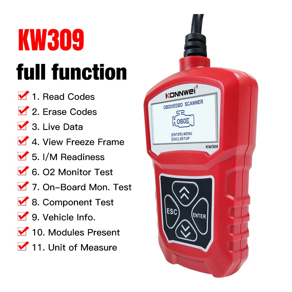 Konnwei Kw309 Outil de Diagnostic Automobile OBD2 Lecteur de Code Autoscanner EOBD Machine de Numérisation OBDII Scanner - Rouge