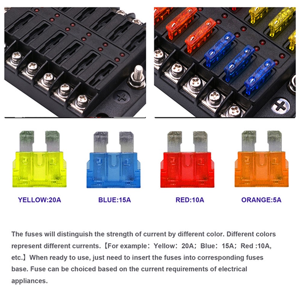 WUPP CS-664A2 32V Plastic Cover Fuse Box Holder M5 Stud with LED Indicator 5A 10A 15A 20A Fuses Spade for Cars SUV-3