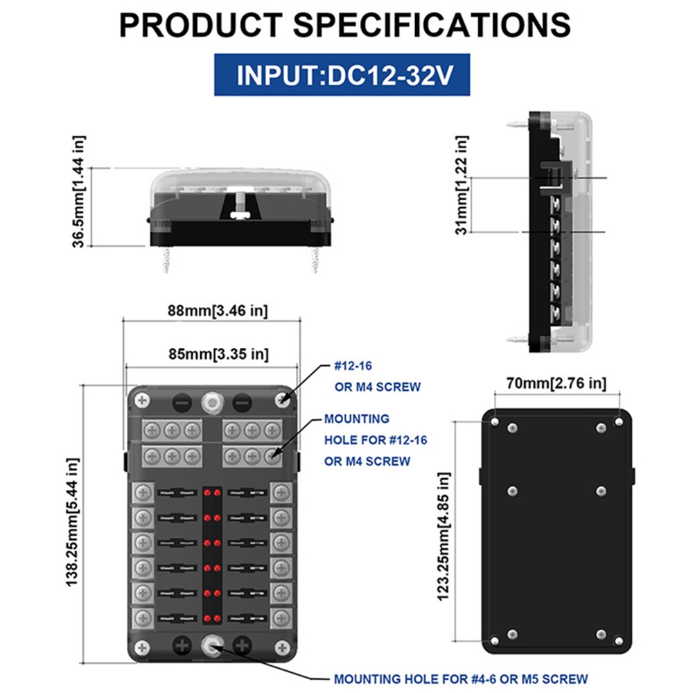 WUPP CS-664A2 32V Plastic Cover Fuse Box Holder M5 Stud with LED Indicator 5A 10A 15A 20A Fuses Spade for Cars SUV-7