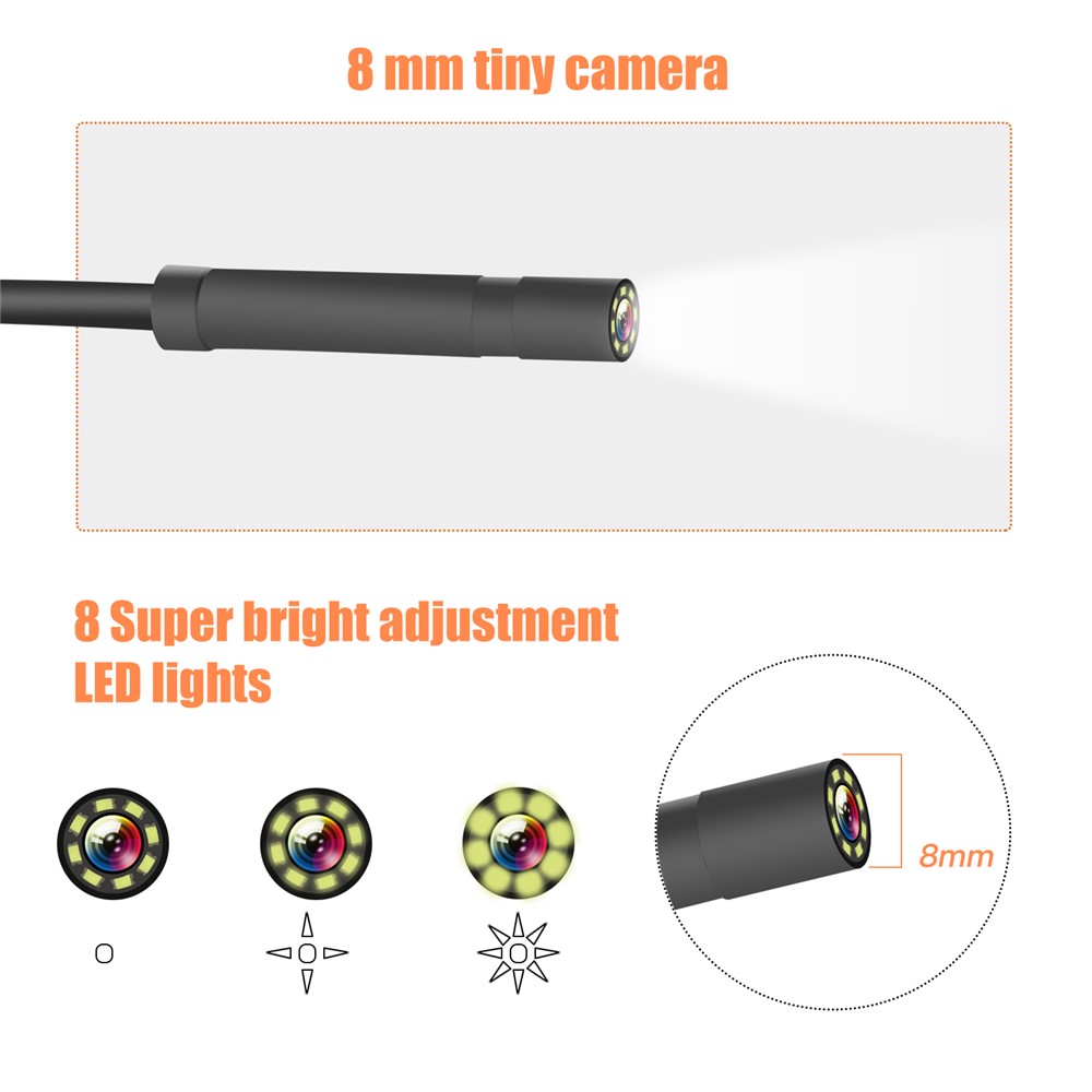 P40 2m Fio Duro de 4,3 Polegadas 8mm HD 1080p Endoscópio Industrial Recarregável Recarregável Bororescópio Liderado Câmera de Inspeção à Prova D'água - Laranja