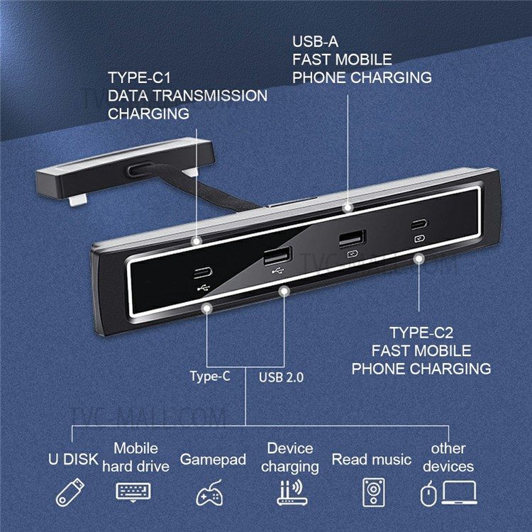 For Tesla Model 3/Y 2021 Car Type-C USB LED Hub Docking Station Extender Charger-6