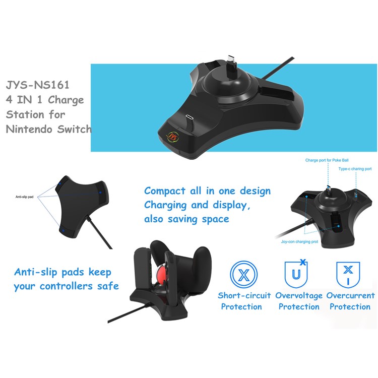 JYS Quad Charging Station 4-in-1 USB Charger Support for Nintend Pokemon Ball Plus Switch-4