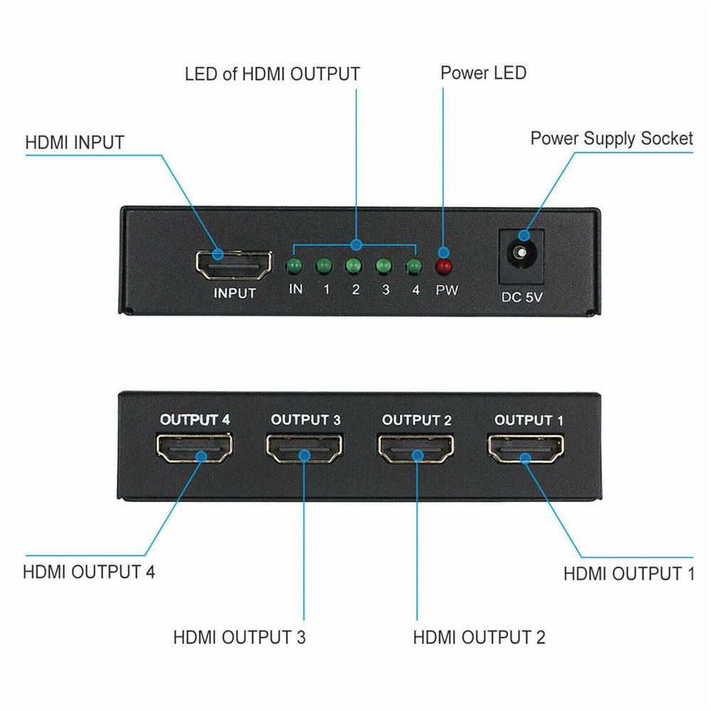 HDMI Splitter 1 IN 4 OUT Full HD 4 Port Hub Repeater Amplifier-5