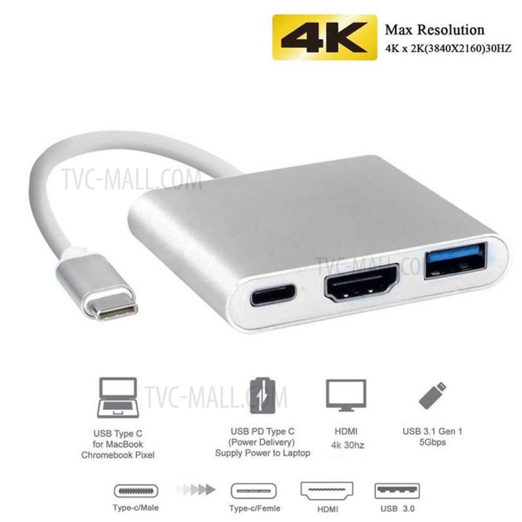 3 in 1 USB-C Hub Dock Adapter Type-C to USB 3.0 +4K HDMI Adapter + Type-C Port - Silver-5
