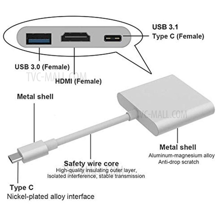 3 in 1 USB-C Hub Dock Adapter Type-C to USB 3.0 +4K HDMI Adapter + Type-C Port - Silver-6