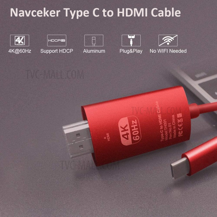 4K*2K Type-C to HDMI Cable Adapter Thunderbolt3 Converter for MacBook Huawei Matebook, etc. - Red-3