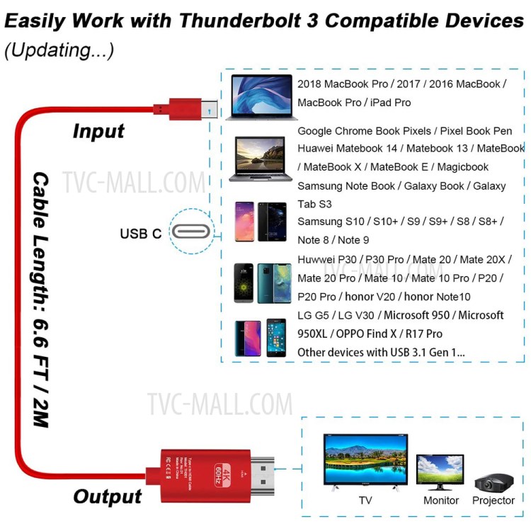 4K*2K Type-C to HDMI Cable Adapter Thunderbolt3 Converter for MacBook Huawei Matebook, etc. - Red-4