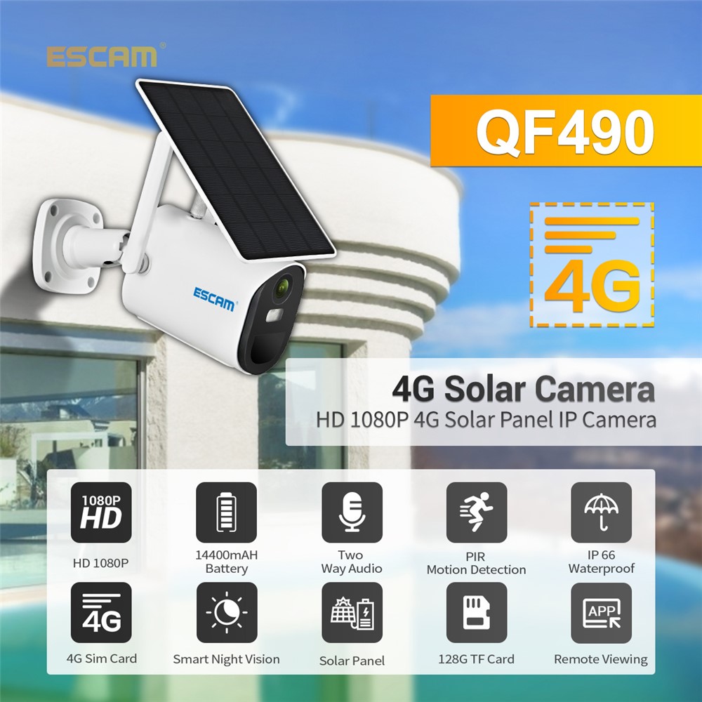 ESCAM QF490 1080P 4G Solar PIR Alarme Dome Vision Nobile CCTV IP Came Pan / Tilt - Édition de L'ue