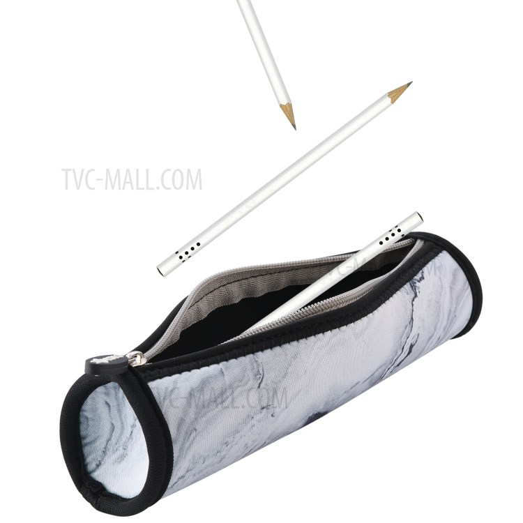Neoprene Pencil Case Barrel Pencil Pouch Cylinder Pen Holder Zipper Bag - Marble White-3