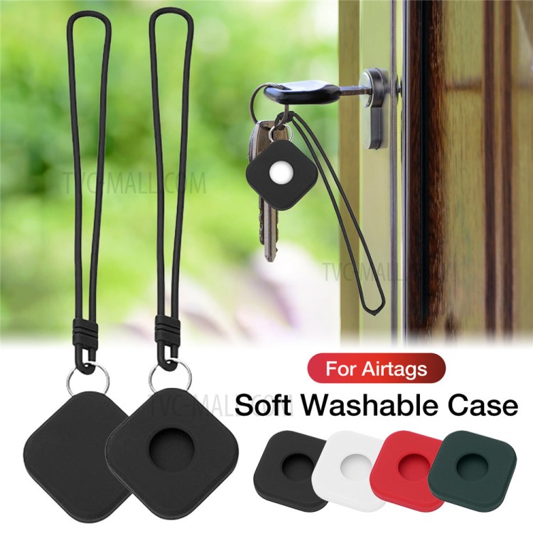 Squre Shape Soft Silicone Protective Frame Case with Strap for Apple AirTags 2021 Trackers - Red-13