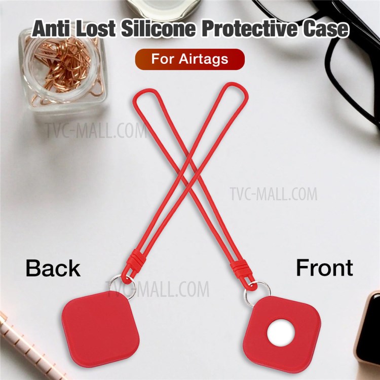 Squre Shape Soft Silicone Protective Frame Case with Strap for Apple AirTags 2021 Trackers - Red-6