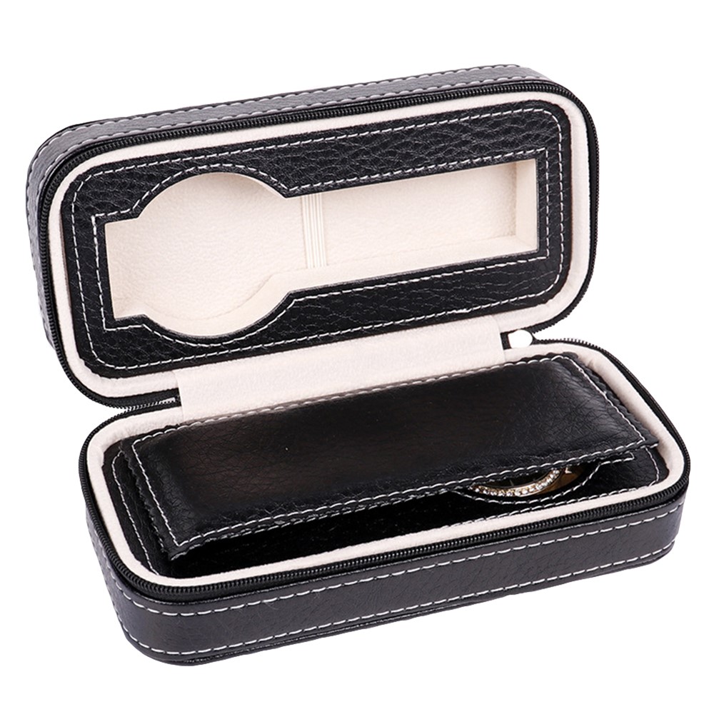 2 Grids Watch Storage Box Leather Zipper Portable Watch Case - Black-1