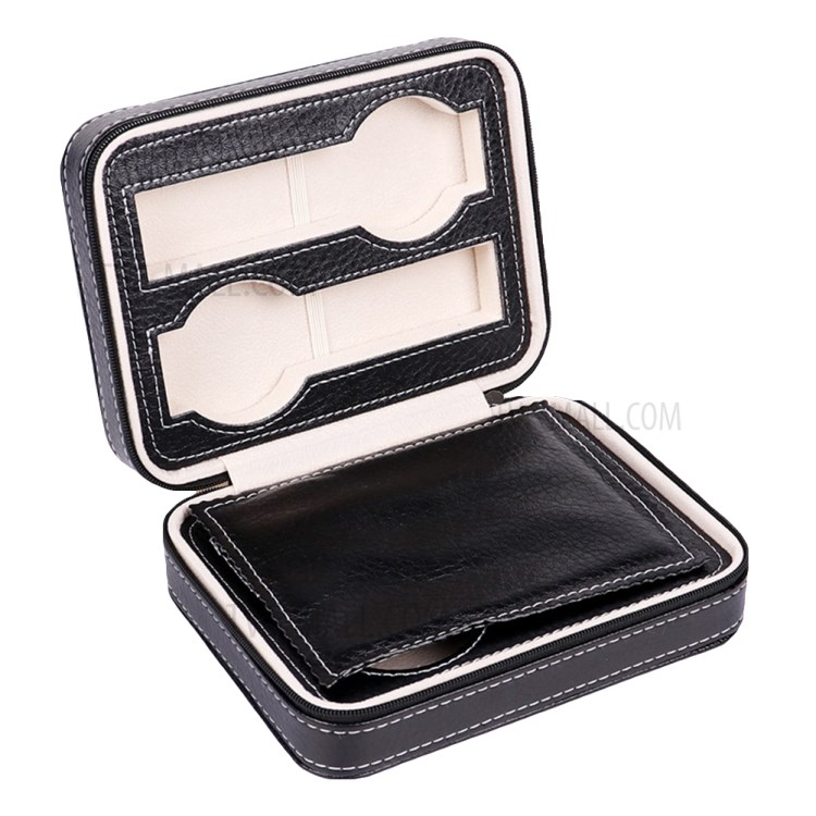 4 Grids Portable Watch Organizer Storage Box Leather Zipper Watch Bag - Black-1