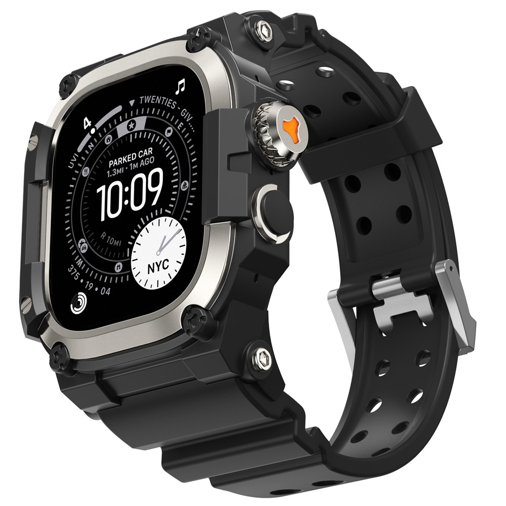 AHASTYLE TPU Strap for Apple Watch Ultra 3 49mm / Ultra 2 49mm / Ultra 49mm Breathable Watchband with Shockproof Armor Rugged Watch Case - Titanium