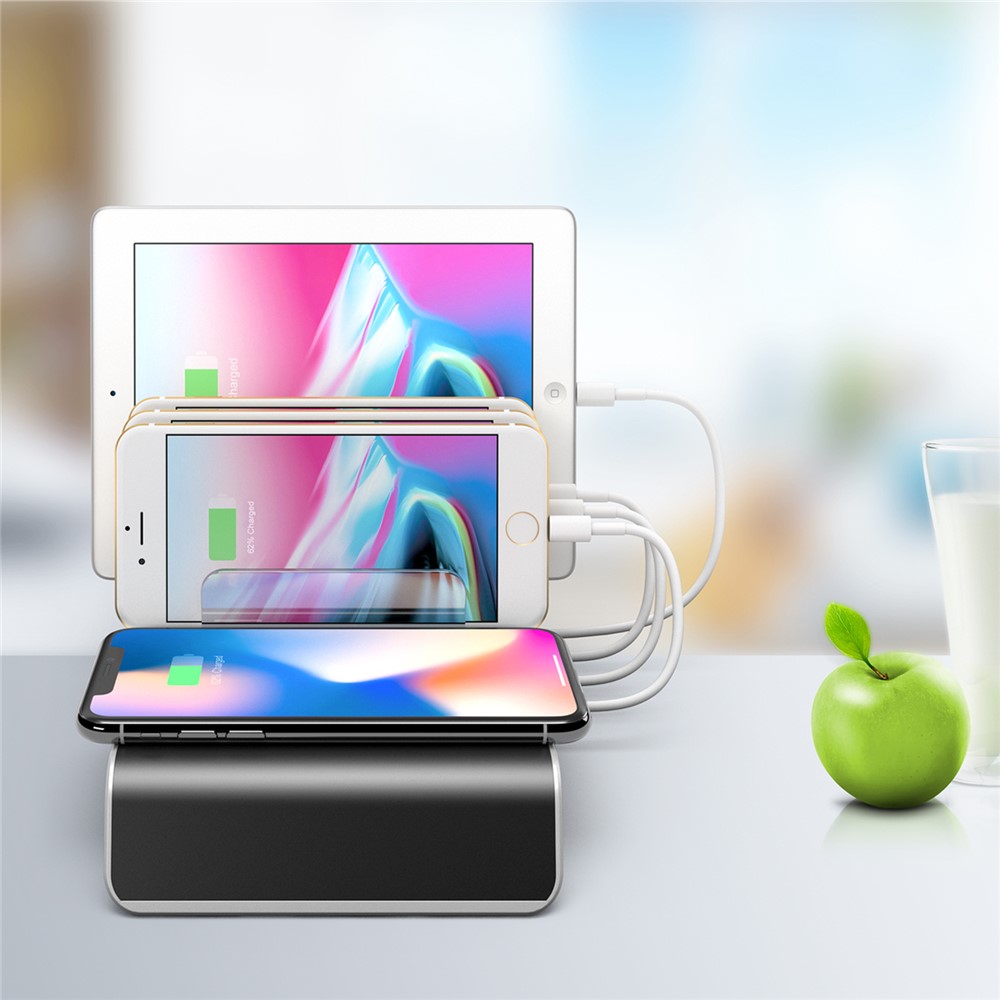 YD09 Multiple Charger Dock Organizer Stand 4 USB Ports Desktop Charging Station QI Wireless Charging Pad-12