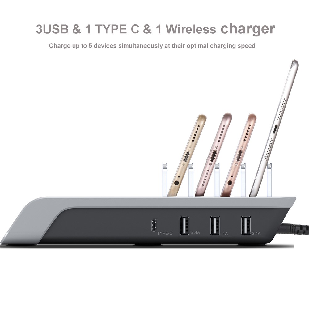 YD09 Multiple Charger Dock Organizer Stand 4 USB Ports Desktop Charging Station QI Wireless Charging Pad-4