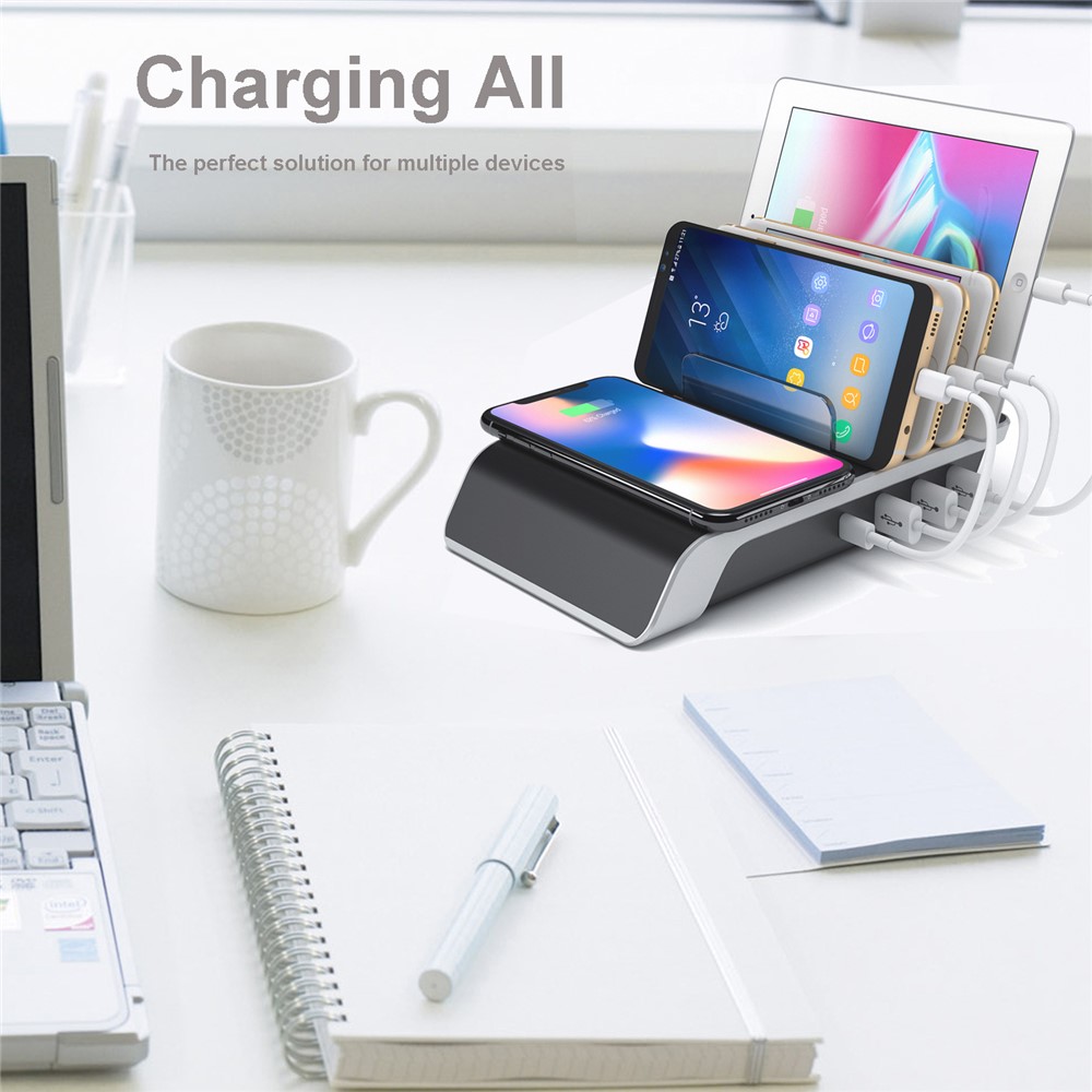 YD09 Multiple Charger Dock Organizer Stand 4 USB Ports Desktop Charging Station QI Wireless Charging Pad-8