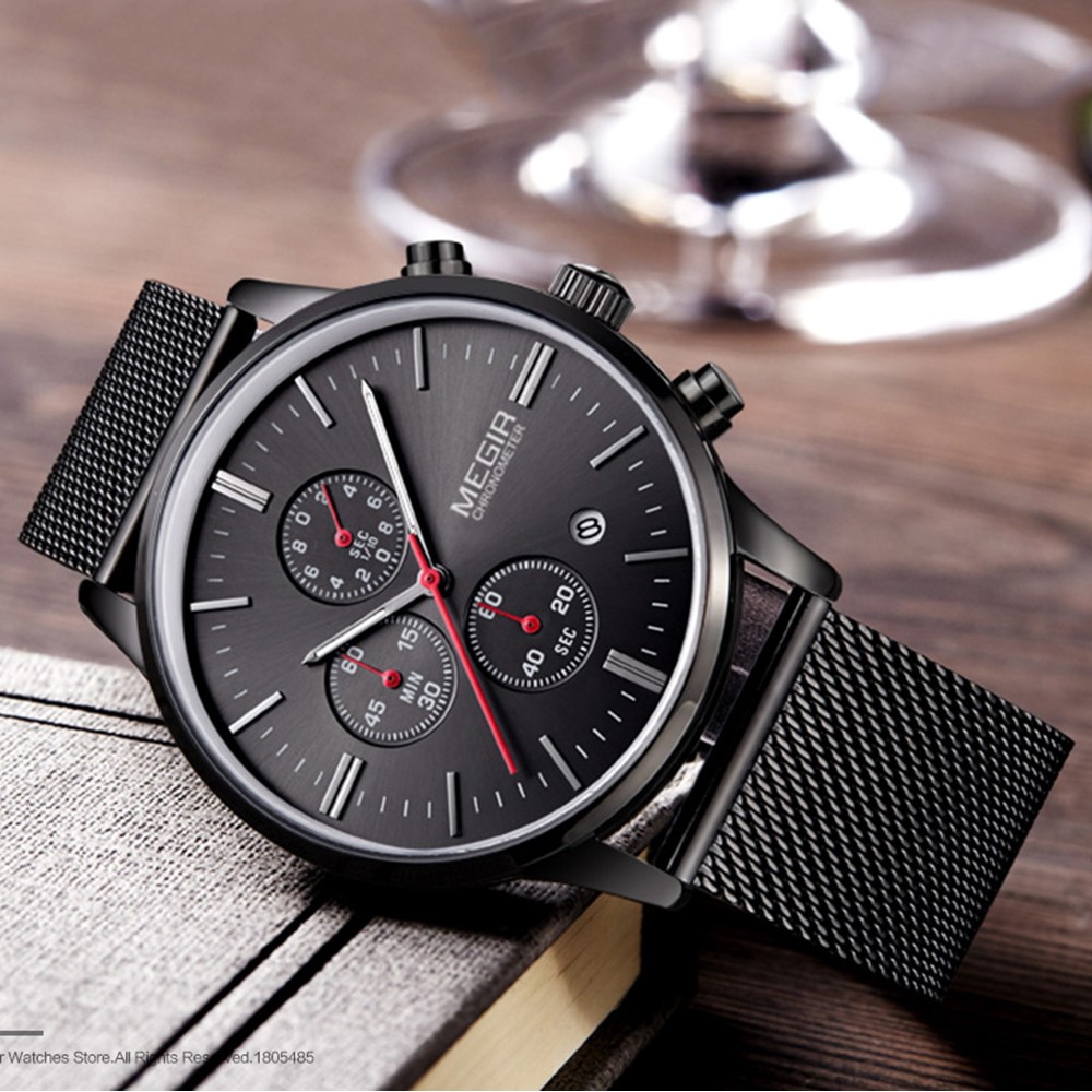 Megir Waterproof Men Sports Quartz Wors Watch Steel Band