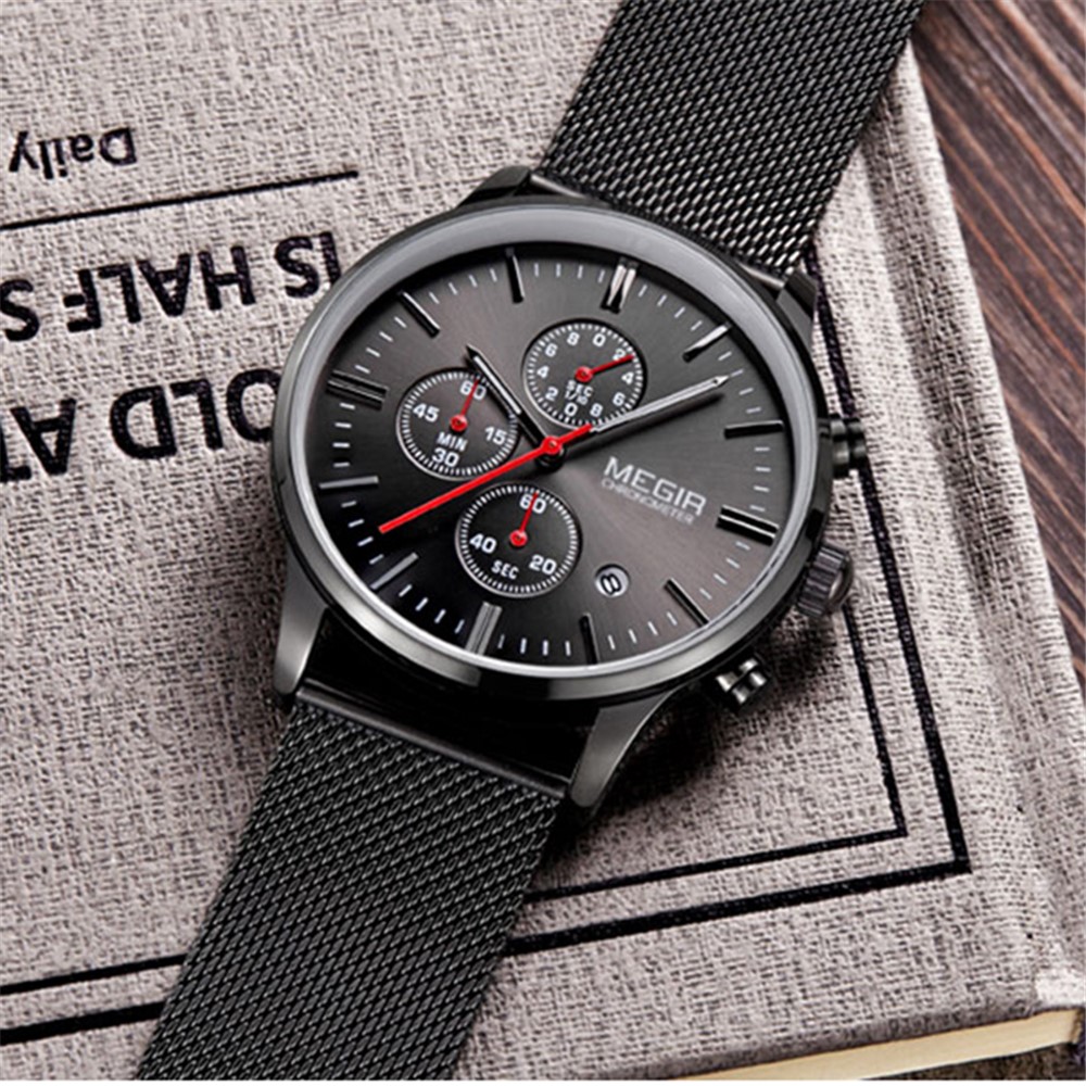 Megir Waterproof Men Sports Quartz Wors Watch Steel Band