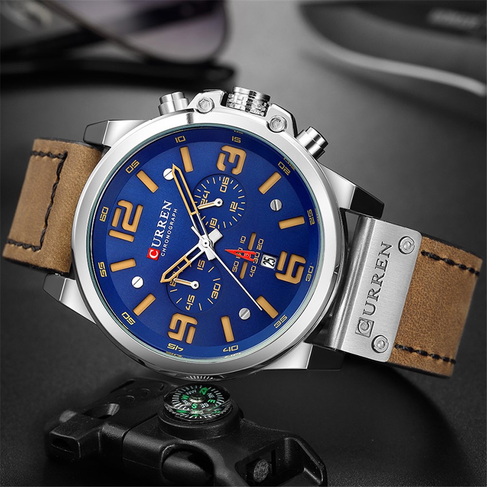 Curren 8314 Multi-função Homens Quartz Assistir À Prova D 'água Pulseira De Couro Homens Relógio De Pulso - Prata / Marrom