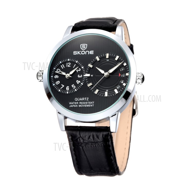 SKONE Men's Quartz Watch Waterproof Leather Strap Men Wristwatch - Black-1