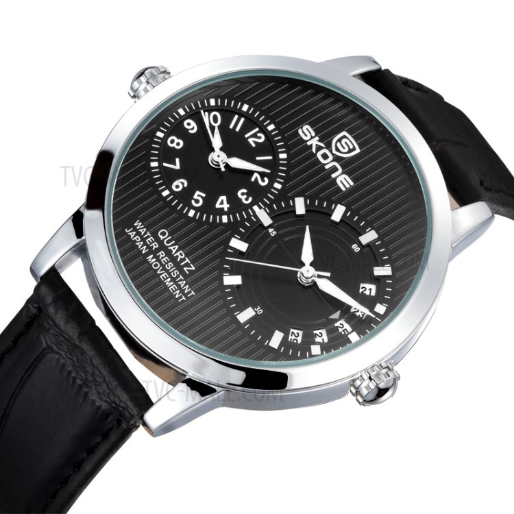 SKONE Men's Quartz Watch Waterproof Leather Strap Men Wristwatch - Black-3