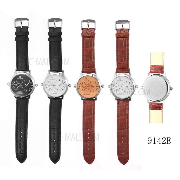 SKONE Men's Quartz Watch Waterproof Leather Strap Men Wristwatch - Black-4