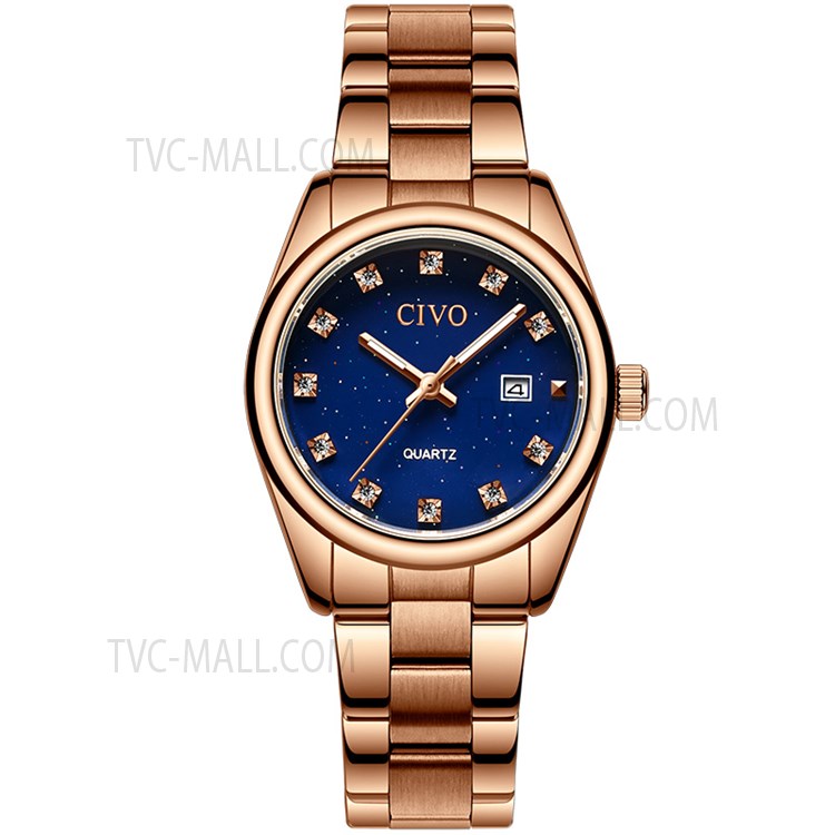 CIVO 8126 Classic Women Quartz Watch Rhinestone Decor Date Analogue Stainless Steel Strap Wristwatch - Rose Gold/Rose Gold/Starry Sky-1