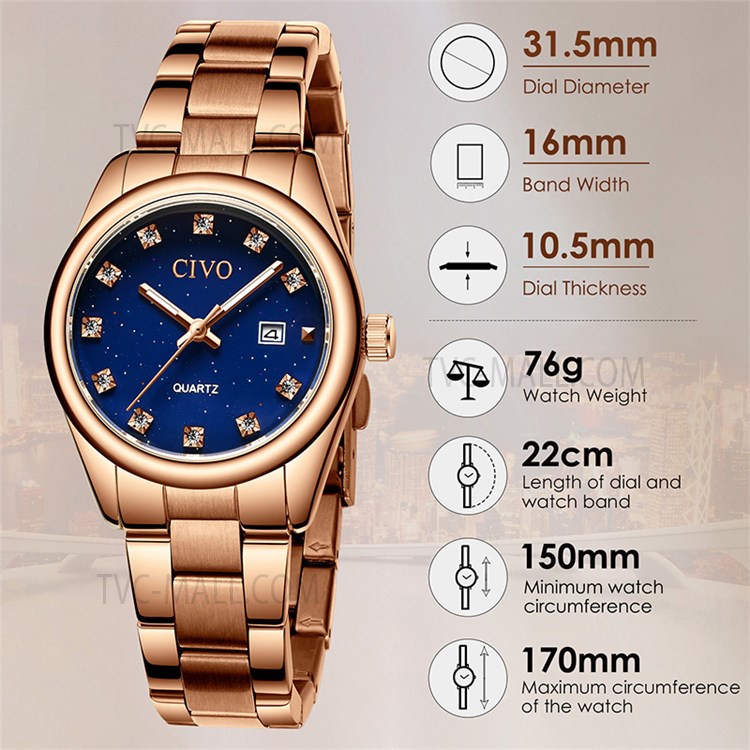 CIVO 8126 Classic Women Quartz Watch Rhinestone Decor Date Analogue Stainless Steel Strap Wristwatch - Rose Gold/Rose Gold/Starry Sky-5