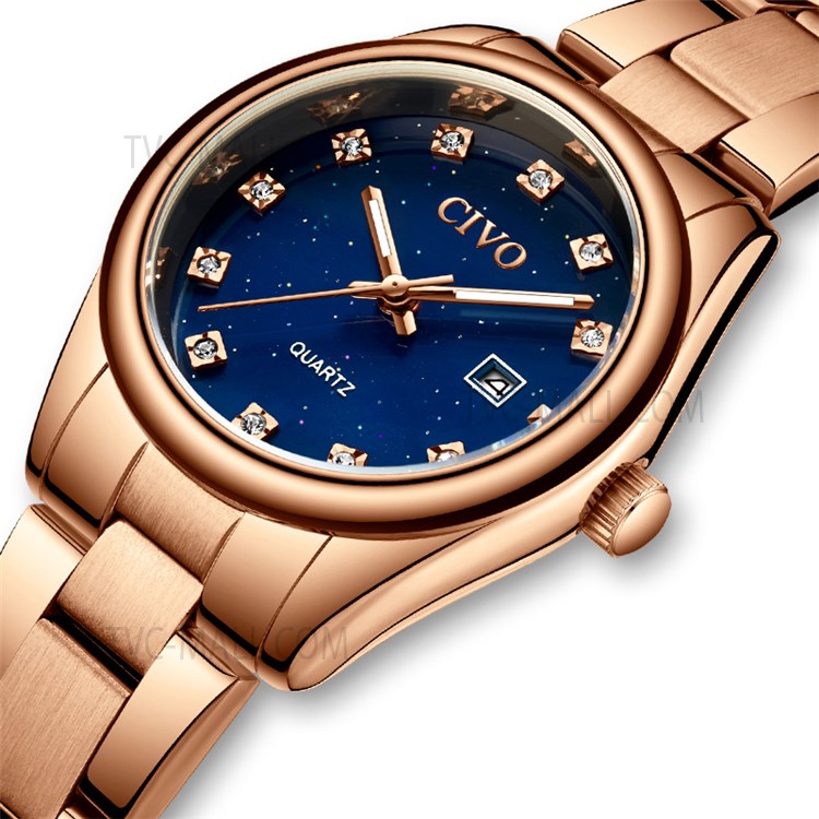 CIVO 8126 Classic Women Quartz Watch Rhinestone Decor Date Analogue Stainless Steel Strap Wristwatch - Rose Gold/Rose Gold/Starry Sky-9