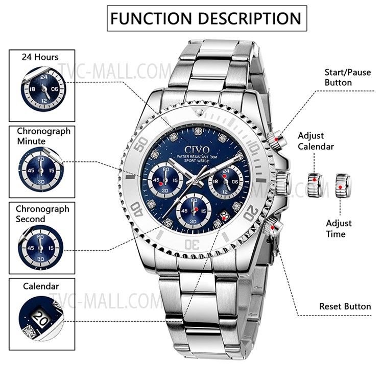 CIVO 8124 Luminoso Hands Cuartzo Relojes Damas Moda de Negocios Reloj Con Soporte de Correa de Acero Inoxidable 3atm Impermeable - Plata