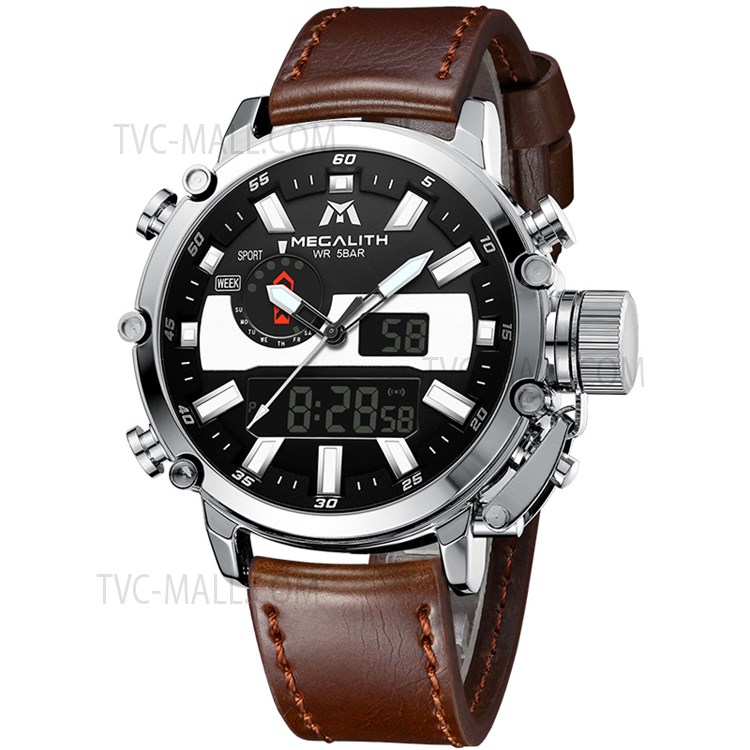 MEGALITH 8229 Luminous Quartz Watches Anti-knock 5ATM Waterproof Business Digital Watch with LED Display/Leather Strap for Men - Brown/Silver-2