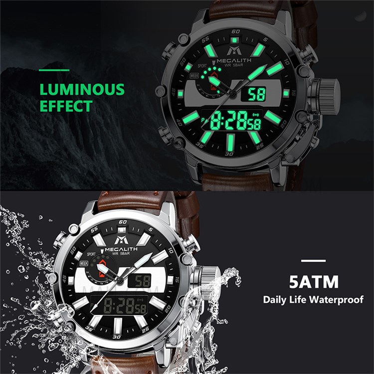 MEGALITH 8229 Luminous Quartz Watches Anti-knock 5ATM Waterproof Business Digital Watch with LED Display/Leather Strap for Men - Brown/Silver-4