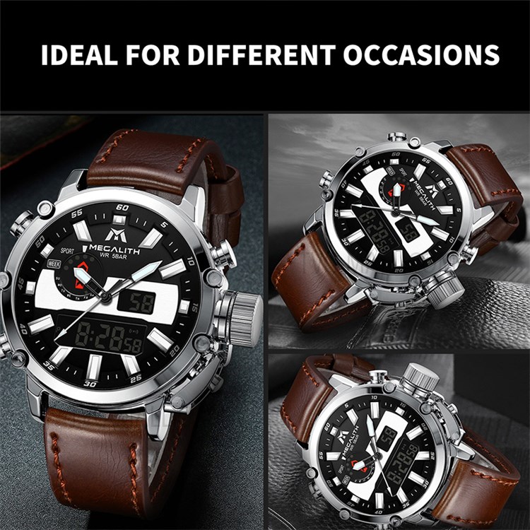 MEGALITH 8229 Luminous Quartz Watches Anti-knock 5ATM Waterproof Business Digital Watch with LED Display/Leather Strap for Men - Brown/Silver-8
